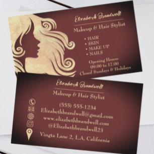 Tarjeta De Visita Girly Trendy Wine Red & Gold Makeup Hairstylist
