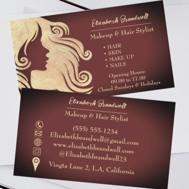Tarjeta De Visita Girly Trendy Wine Red & Gold Makeup Hairstylist (Subido por el creador)
