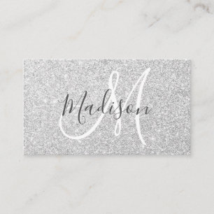 Tarjeta De Visita Girly y Glam Gris Plata Brillo Purpurina Monograma