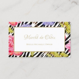 Tarjeta De Visita Girly Zebra Print Pink Peony Foral Beautique