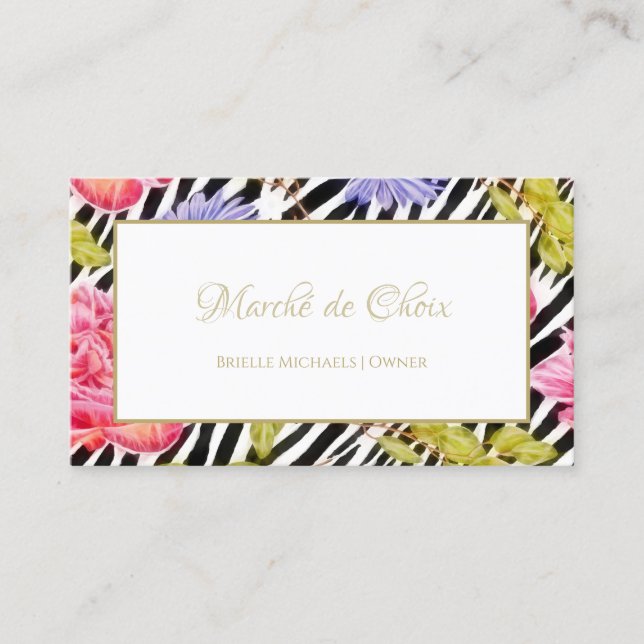 Tarjeta De Visita Girly Zebra Print Pink Peony Foral Beautique (Anverso)