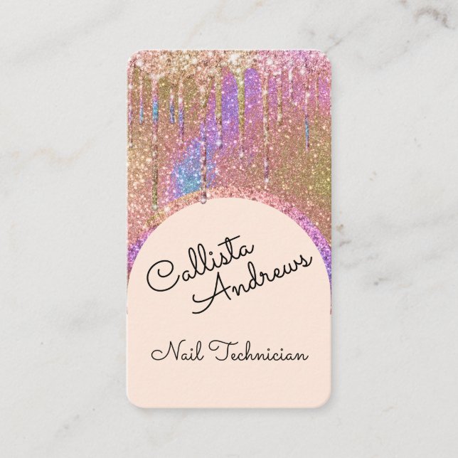 Tarjeta De Visita Glam Bling Holographic Purpurina Drin Nail Tech (Anverso)
