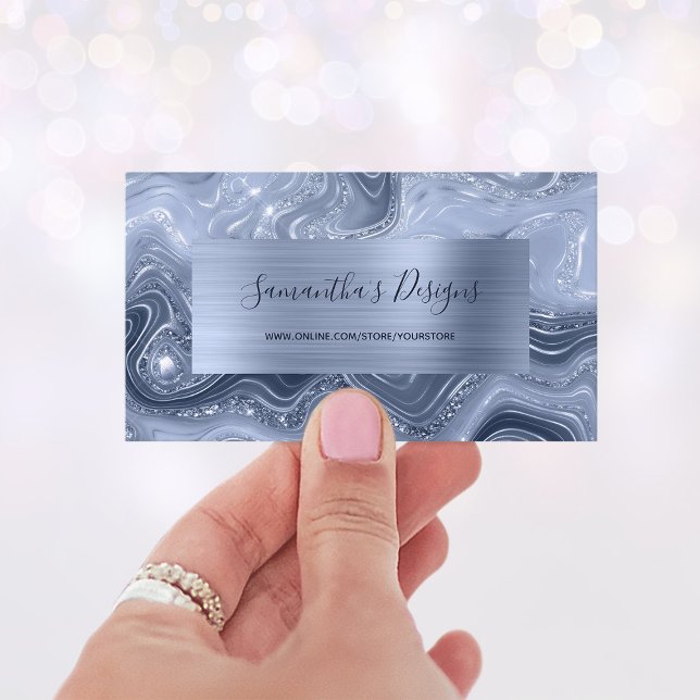 Tarjeta De Visita Glam Blue Marble Agate (Luxury Dusty Blue Marble Agate Glam Business Card)