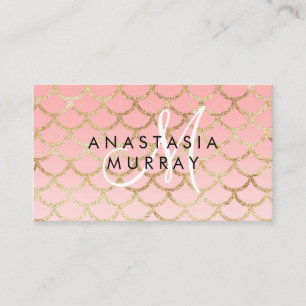 Tarjeta De Visita Glam Blush Rosa Dorado Sirena Brillo Monograma Nom