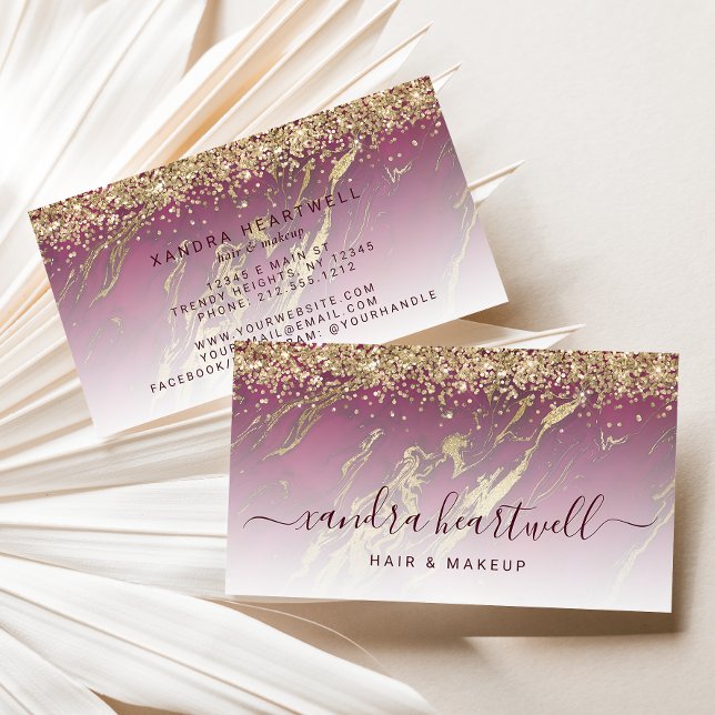Tarjeta De Visita Glam Burgundy Rojo Oro Mármol Brillo Script (Subido por el creador)
