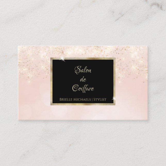 Tarjeta De Visita Glam Elegant Purpurina Rosa Salón Negro y Oro (Anverso)