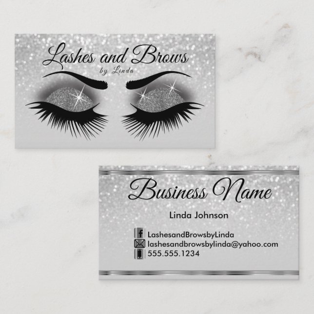 Tarjeta De Visita Glam Eyelashes y brotes - Purpurina gris de humo (Anverso / Reverso)