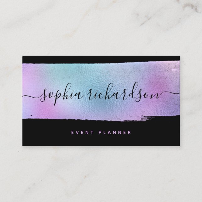 Tarjeta De Visita Glam Faux Holographic Purpurina y guión en negro (Anverso)