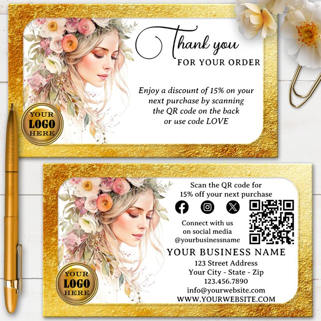 Tarjeta De Visita Glam Feminine Gracias Por Su Pedido (Glam Thank You for your order business card showing a watercolor design with gold glitter - QR code)