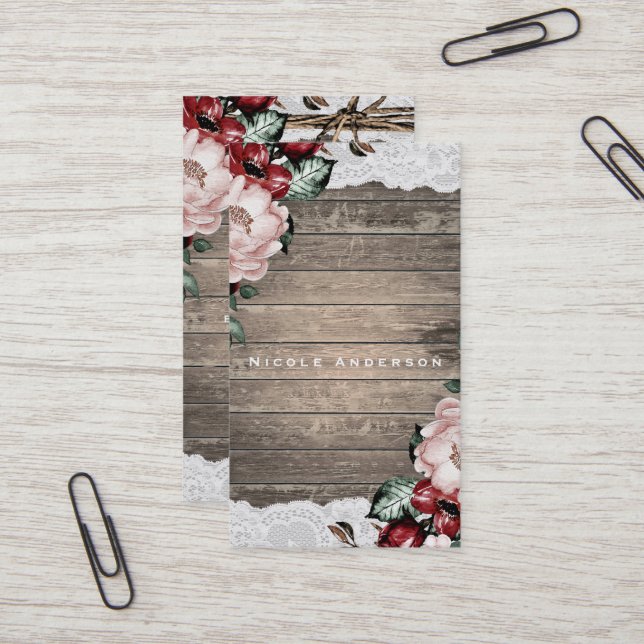 Tarjeta De Visita Glam Floral Rustic Wood & Lace Elegant Country (Anverso/Reverso In Situ)