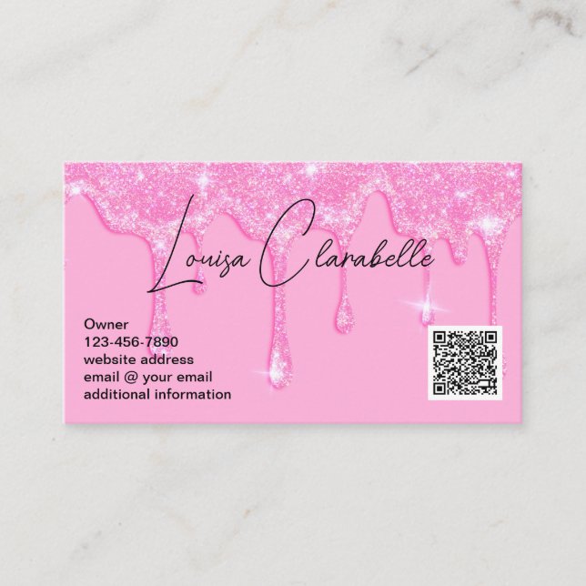 Tarjeta De Visita Glam Girly Purpurinas rosados goteo Añadir código  (Anverso)