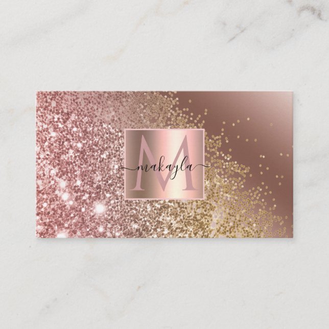 Tarjeta De Visita Glam Girly Rosa Gold Gitter Nombre de diseño Monog (Anverso)