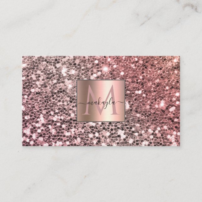 Tarjeta De Visita Glam Girly Rubor Pink Gitter Design Name Monograma (Anverso)