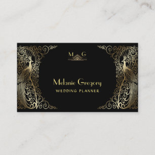 Tarjeta De Visita Glam Gold Art Deco Peacocks Monograma profesional