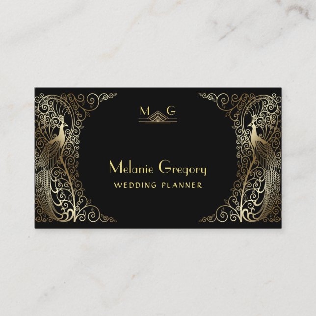 Tarjeta De Visita Glam Gold Art Deco Peacocks Monograma profesional (Anverso)