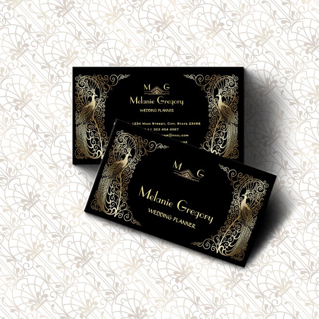 Tarjeta De Visita Glam Gold Art Deco Peacocks Professional Monogram (Subido por el creador)
