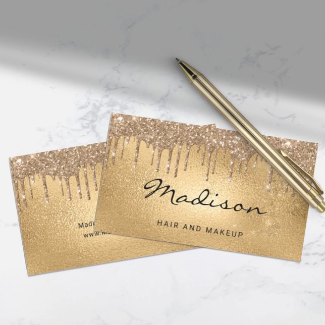 Tarjeta De Visita Glam Gold Metallic Purpurina Drip Hair & Makeup (Glam Gold Metallic Glitter Drip Hair & Makeup Business Card)
