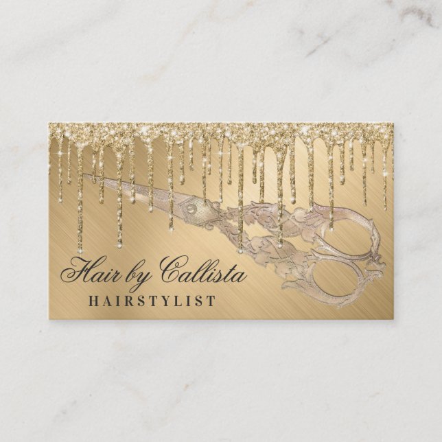 Tarjeta De Visita Glam Gold Metallic Purpurina gotea tijeras de pelo (Anverso)