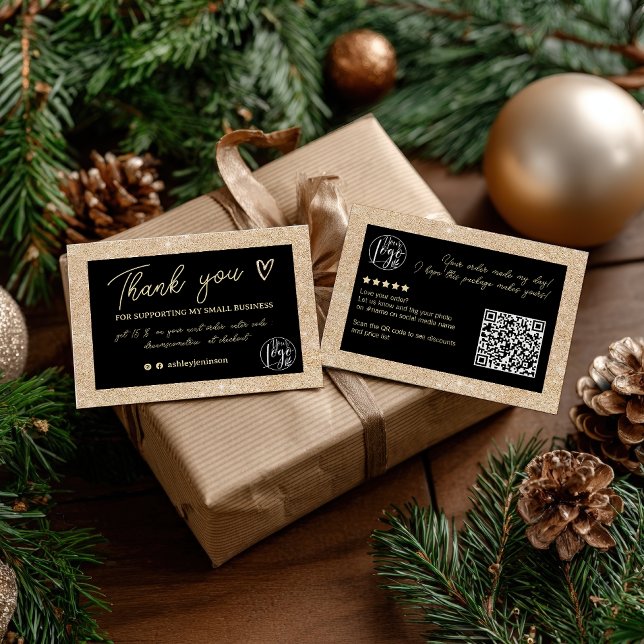 Tarjeta De Visita Glam Gold Purpurina Black order logo gracias qr (Glam Gold Glitter Black order logo thank you qr Business Card)
