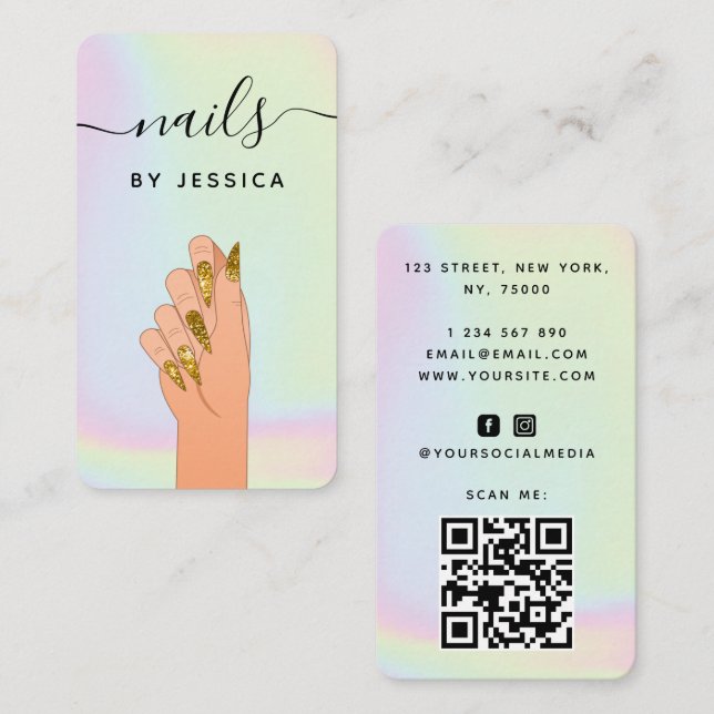 Tarjeta De Visita Glam Gold Purpurina Nails Holographic Pastel Salon (Anverso / Reverso)