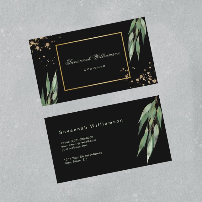 Tarjeta De Visita Glam Green Gold Eucalyptus Personalizable negro (Subido por el creador)
