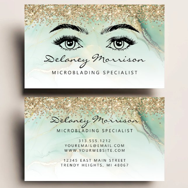 Tarjeta De Visita Glam Green Marble Gold Glitter Eyes Microblading (Subido por el creador)