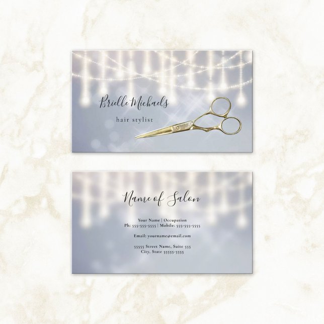 Tarjeta De Visita Glam Hairstylist Gold Shears Silver Twinkle Bokeh (Glam Hairstylist Gold Shears Silver Twinkle Bokeh Business Cards)