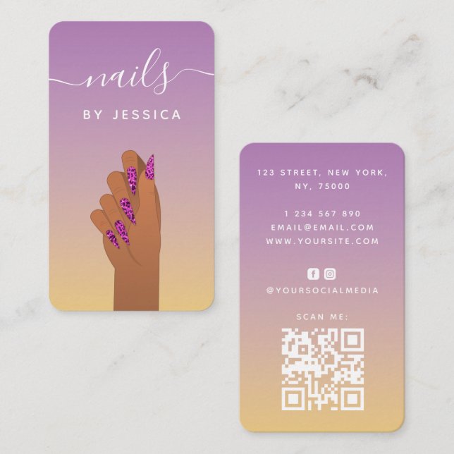 Tarjeta De Visita Glam Hand Leopard Nail Print Qr Code Social Media (Anverso / Reverso)