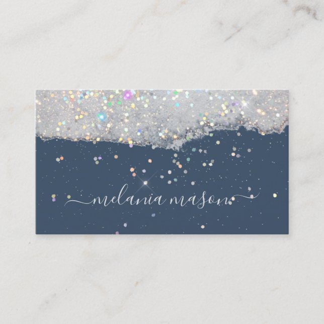 Tarjeta De Visita Glam Holographic Purpurina Makeup Artist Blue (Anverso)