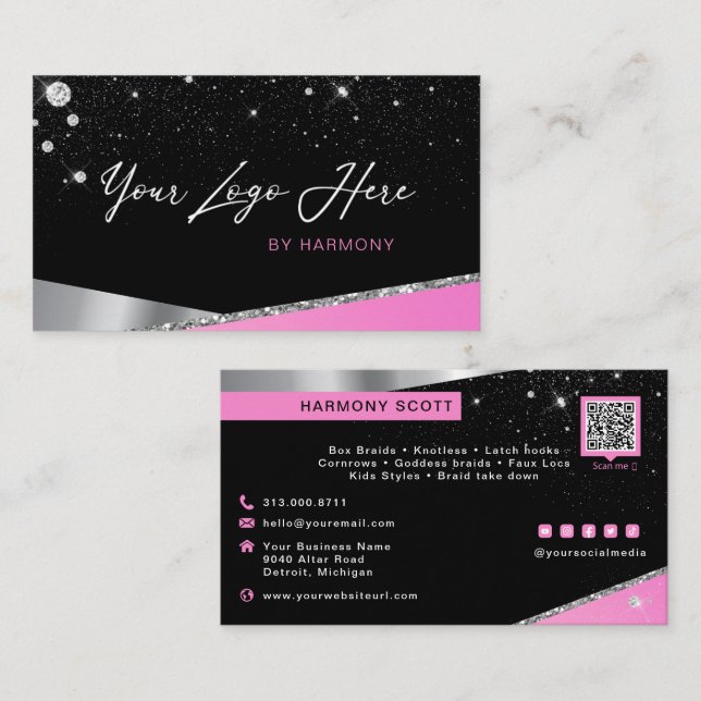 Tarjeta De Visita Glam Hot Pink Purpurina Diamond Service o Brand (Anverso / Reverso)