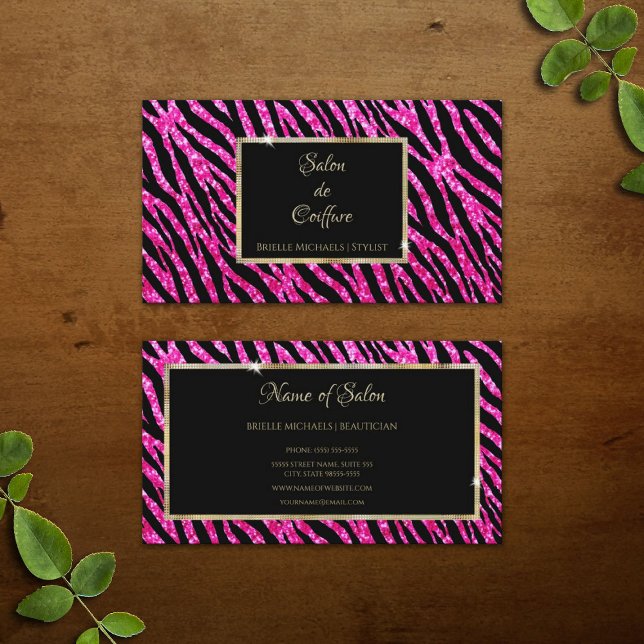Tarjeta De Visita Glam Hot Pink Purpurina Zebra Print and Gold Frame (Glam Hot Pink Glitter Zebra Print and Gold Frame Business Cards)