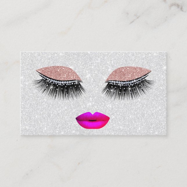 Tarjeta De Visita Glam Lashes Hot Pink Lips Makeup Artiste Plata (Anverso)