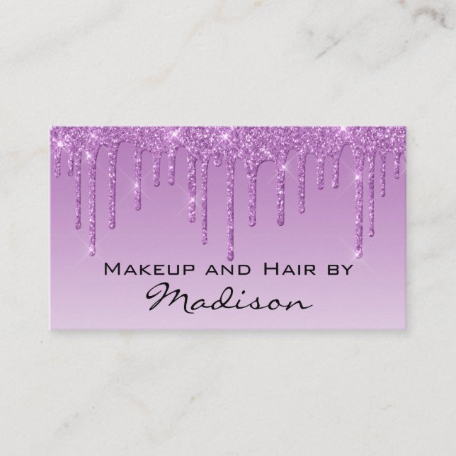 Tarjeta De Visita Glam Lilac Purpurina púrpura maquilladora artista (Anverso)
