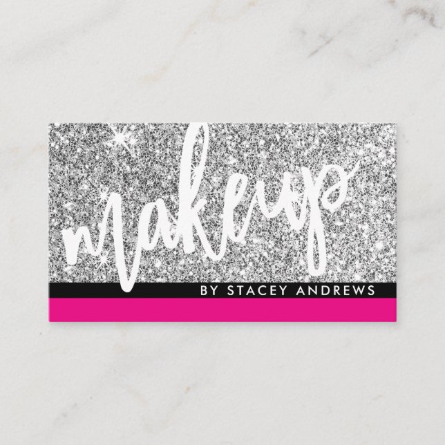 Tarjeta De Visita GLAM MAKEUP guión de broche purpurina de plata neg (Anverso)