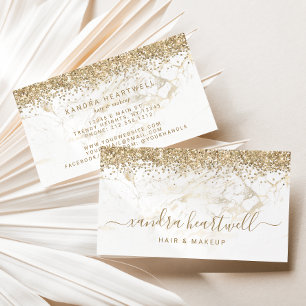 Tarjeta De Visita Glam Oro Mármol Blanco Glitter Script