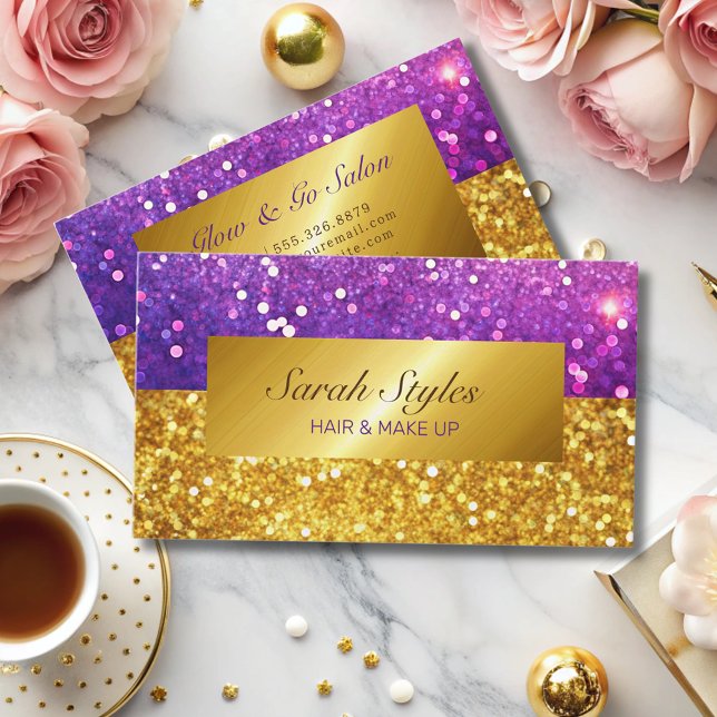 Tarjeta De Visita Glam oro purpurina púrpura  de lujo elegante guión (Subido por el creador)