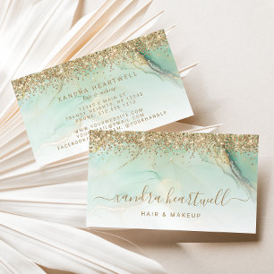 Tarjeta De Visita Glam Oro Verde Mármol Glitter Script
