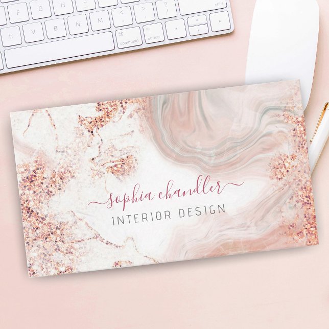 Tarjeta De Visita Glam Pale Peach & Gray Marble, Clásico (Subido por el creador)