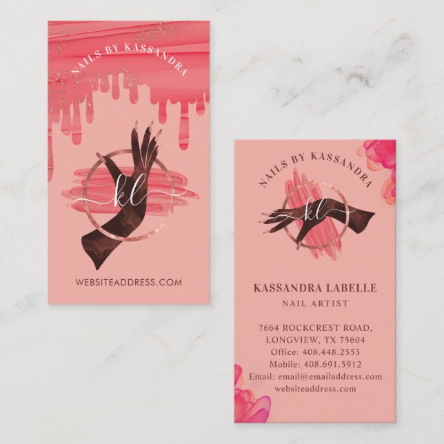 Tarjeta De Visita Glam Pink Nail Art Manicour Salon Script Monograma (Anverso / Reverso)