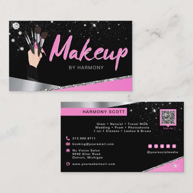 Tarjeta De Visita Glam Pink Silver Diamantes Makup Artista MUA (Anverso / Reverso)