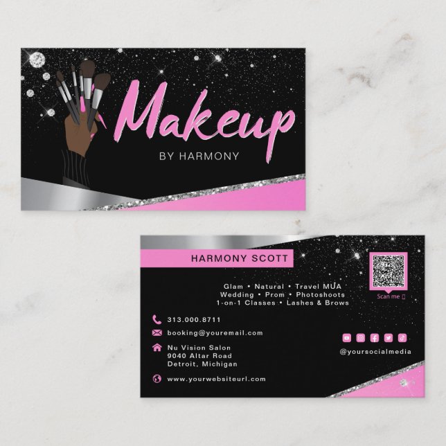Tarjeta De Visita Glam Pink Silver Diamantes Makup Artista MUA (Anverso / Reverso)