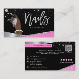 Tarjeta De Visita Glam Pink Silver Diamantes Nail Salon Tech Artista