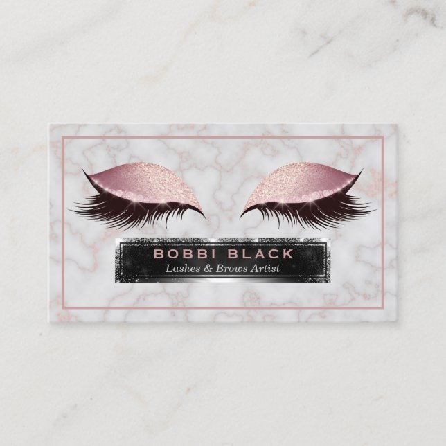 Tarjeta De Visita Glam Purpurina Extensiones Eyelash Rosa Mármol Oro (Anverso)