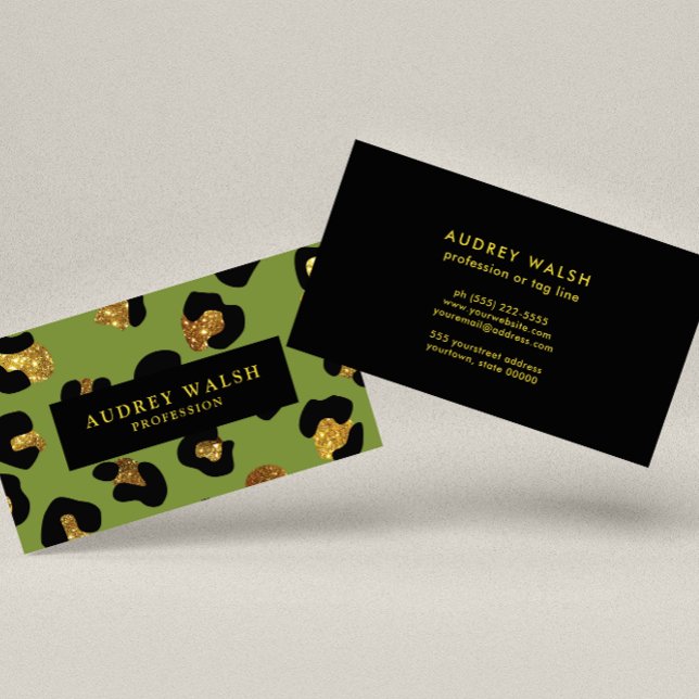Tarjeta De Visita Glam Purpurina Gold Green Leopard print Luxury (Subido por el creador)