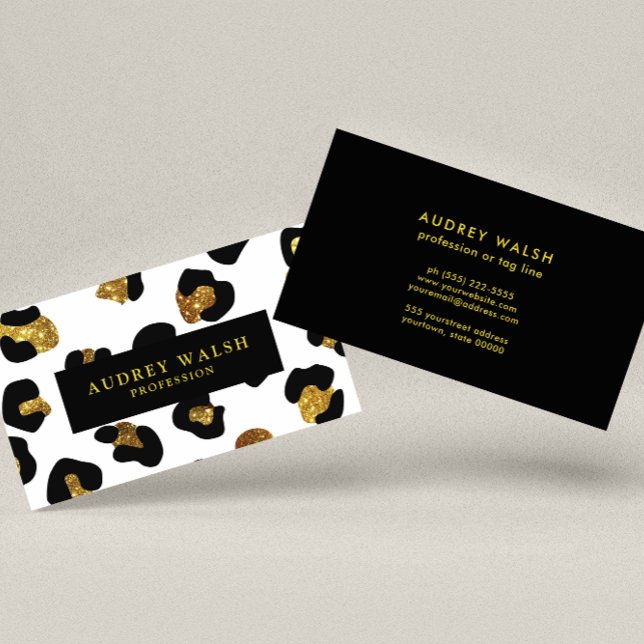 Tarjeta De Visita Glam Purpurina Gold White Leopard print Luxury (Subido por el creador)