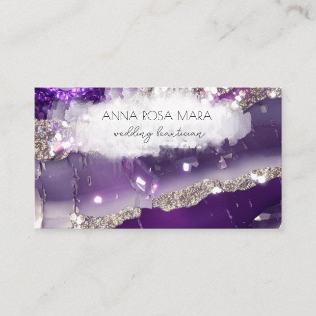 Tarjeta De Visita *~* Glam QR Agate Purpurina Plata Púrpura AP66 Lux (Anverso)