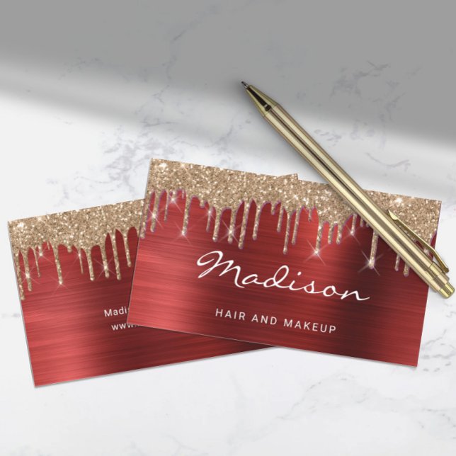 Tarjeta De Visita Glam Red Metalizado Gold Purpurina Drip Hair & Mak (Glam Red Metal Gold Glitter Drip Hair & Makeup Business Card)
