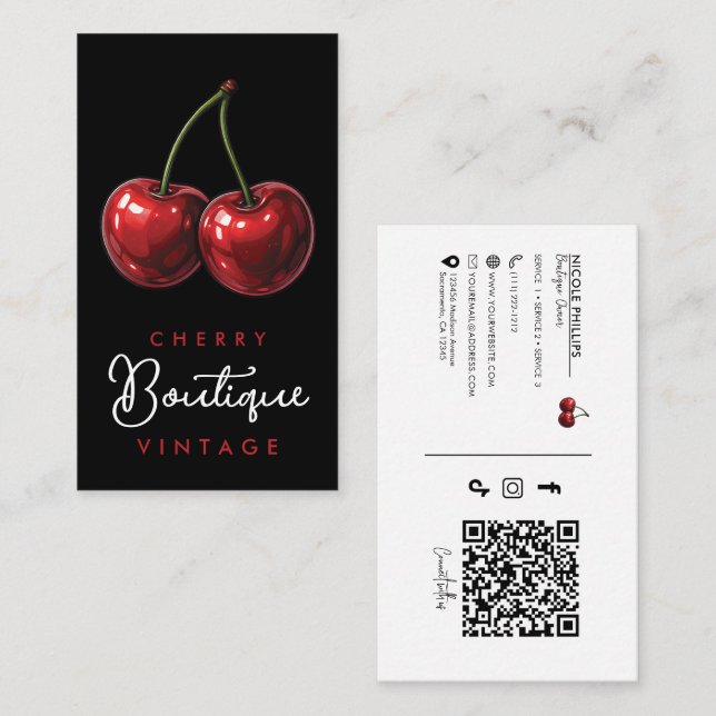 Tarjeta De Visita Glam Retro Glossy Red Cherries (Anverso / Reverso)