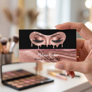 Tarjeta De Visita Glam Rosa Dorado Brillo Goteo Ojos Maquillador