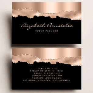 Tarjeta De Visita Glam Rosa Dorado Hoja Negro Lujo